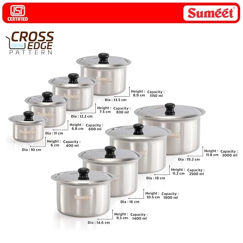 Image of Sumeet ISI Certified HeavyPly Premium Stainless Steel patila Set, 8 pcs with lids - 400 ml, 600 ml, 830 ml, 1150 ml, 1400 ml, 1900 ml, 2500 ml, 3000 ml, Induction & Gas Compatible cookware Set