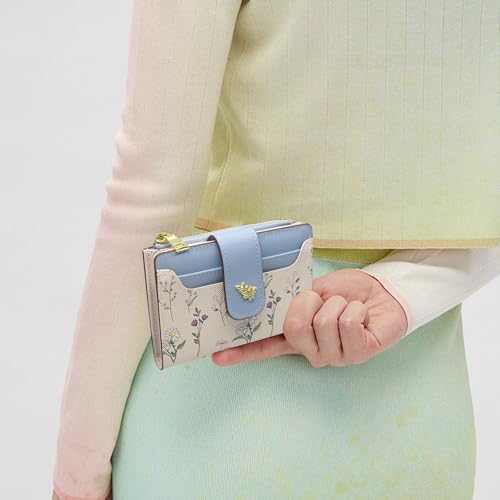 LJCZKA Small Wallets for Women Bifold Leather Zipper Pocket Wallet Credit Card Holder Floral Purse Girls Ladies with ID Window (Blue)2