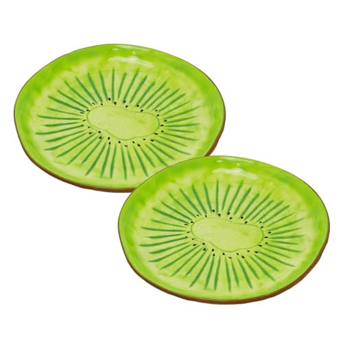 Image of Carousel Home Set of 2 Ceramic Kiwi Plates, 16cm Round Green Glazed Fruit Shaped Snack Dishes for Desserts Tapas and Nibbles