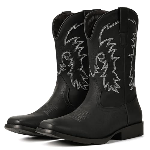 IUV Cowboy Boots for Men Square Toe Pull-On Western Boots with Classic Embroidery Slip & Oil Resistant Outsole Durable Heel for Stylish Casual and Country Wear