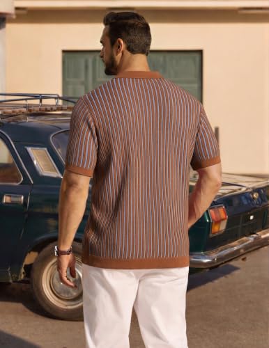Image of COOFANDY Mens Knit Button Down Shirts Short Sleeve Polo Shirt Vintage Striped Casual Shirts