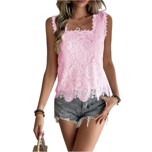 Lace Blouses for Women Boho Square Neck Sleeveless Floral Tank Tops Crochet Hollow Out Tops Summer Casual Boho Shirts Elegant Dressy Casual Work Blouses Loose Fit Scoop Neck Lace Tank Top