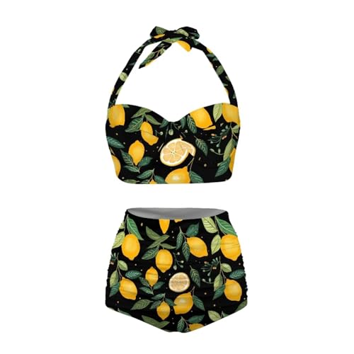 Annejudy Lemon Pattern Women Two Piece Swimsuit for Valentine's Day Push Up Bikini Set High Waisted Tummy Control Bathing Suits Halter Top with Elastic Bottom Swimming Travel S-XXL, Black