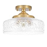 Gold Semi Flush Mount Ceiling Light, 3-Light Close to Ceiling Light with Globe Glass, Vintage Hallway Lights, Brass Closet Light Fixture, Kitchen Flush Ceiling Mount for Entryway Bedroom Bathroom,E12