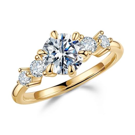 MOOSEA Round 5 Stone Moissanite Anniversary Rings for Women, 1.2CT D Color VVS1 Clarity Lab Created Diamond Ring 14K Yellow Gold Vermeil Moissanite Engagement Rings for Women Promise Rings