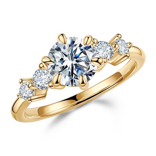 MOOSEA Round 5-Stone Moissanite Engagement Ring for Women, 1.2ct D Color VVS1 Clarity Lab Created, 14K White/Yellow/Rose Gold Vermeil Wedding Anniversary Ring