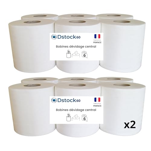 DSTOCK60 - Bobines Essuie-Mains à Dévidage Central – Papier 2 Plis – 450 Feuilles 20x20 cm – Ø17cm – Mandrin Prédécoupé 6,5cm – Rouleau Hauteur...