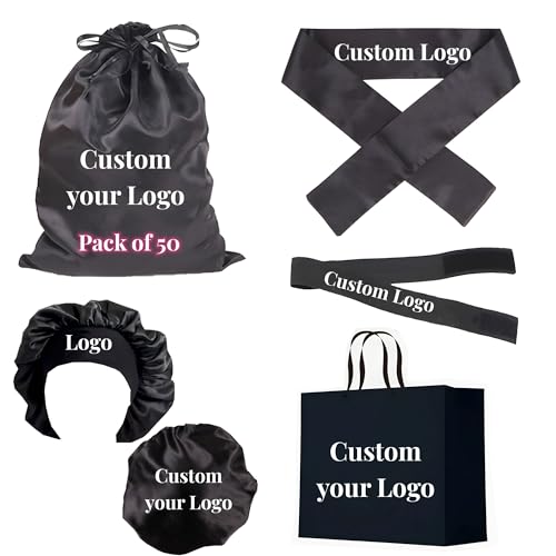 Boyiexin 50pcs Custom Logo Hair Care Product Set Custom Satin Bonnets, Silk Wig Storage Bags, Edge Melt Elastic Bands Headband, Edge Laying Scarf, Personalized Paper Bags (Black, Large)