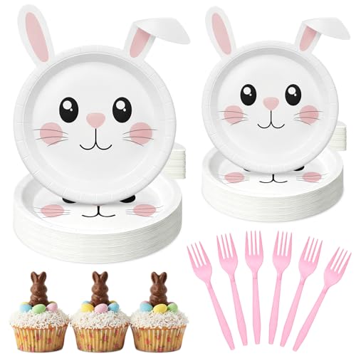 Potchen 48 Pcs Bunny Shaped Paper Plates with 24 Forks 7/9 Inch Rabbit Dessert & Dinner Disposable Serveware for Some Bunny Is One Birthday Party Baby Shower Picnic & Garden Celebration