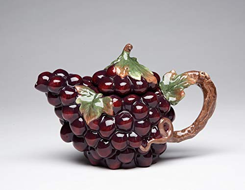 Fine Ceramic Red Purple Grapes with Leaves Design Teapot, 6-3/4" L