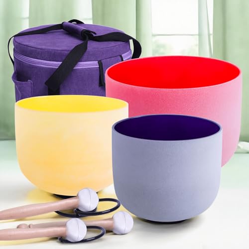 ENERGYSOUN 432 Hz Colored Frosted 12 C 10E 8 G 6 B Chakra Quartz Crystal Singing Bowl Set +Case Bag + Mallets &O-Rings