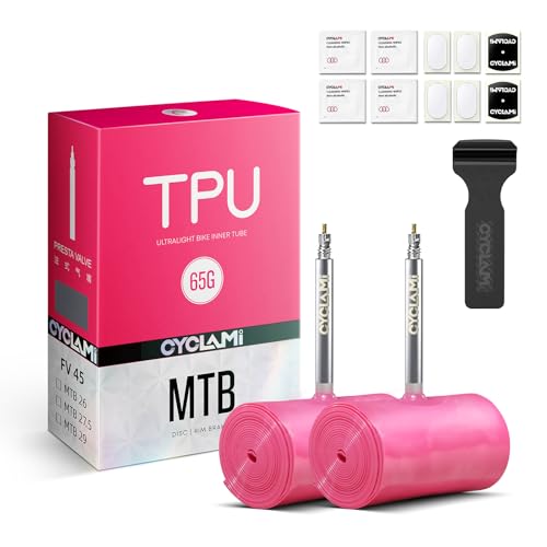 2-Pack CYCLAMI TPU Inner Tube MTB 29'', Ultralight 65g Mountain Bike Tube Compatible with 29 x 1.9/2.0/2.1/2.2/2.3/2.4/2.5 Metal Presta Valve 45mm (with a Multi-Functional Tire Pry Bar)