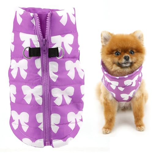 Image of SMALLLEE LUCKY STORE Dog Coat with D-Ring for Small Dogs, Purple, XL | Bow Print, Water-resistant Shell, Padded Warmth, Zip-up Fit, Winter Walks, Chihuahua, Yorkie, Small Dog Harness Jacket