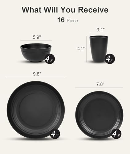Image of Quatish 16 Piece Plates and Bowls Sets for 4, Unbreakable Dinnerware Sets, Dish Set for Camping, Dishwasher Microwave Safe, Outdoor Kitchen and Apartment Dorm Dinning RV Essentials, Black