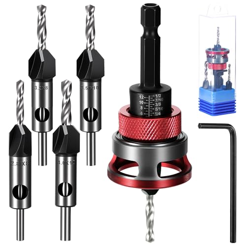 TranRantic 6PCS Countersink Drill Bit Set with Depth Stop Countersink Wood Drill Bit with 1/4 Inch Hex Shank 3.2/2.8mm Drill+8/10mm 82 Counter-Bore Precise Drills for Woodworking