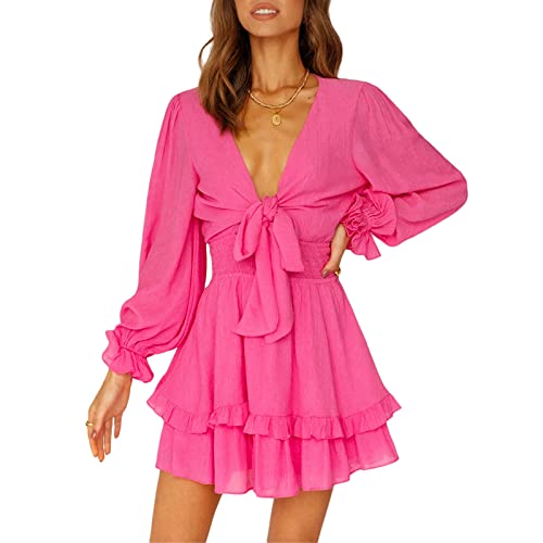 Dazzerake Robe Femme Robe Femme Chic Robe Femme Été Robe Femme Courte Décontractée Robe Manches Longues pour Femme Printemps Été Automne (Rose Foncé, 3XL) Cover