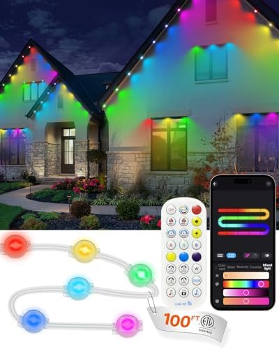 Permanent Outdoor Lights 100FT 72 Triple-Led Smart RGB Outside Christmas Light for House, IP67 Waterproof Eave All Year Round Light with 150 Scene Modes & App/Remote, Warm White