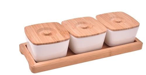 hausleben Porzellan Dipschalen Set mit 3 Schälchen + 3 Bambusdeckel und Tablett aus Bambus, 29x11x8cm