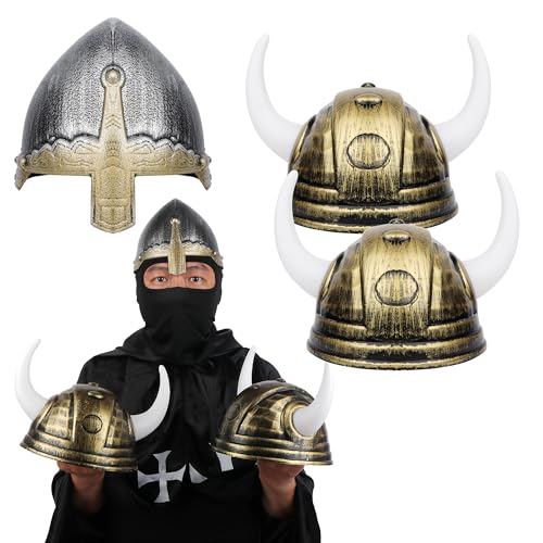 Solrowasun 3 Pack Medieval Hat ，Viking Helmet with Horns，Nasal Helmet，Norse Warrior or Crusader LARP and Cosplay Costume for Kids
