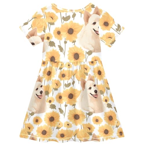 Toddler Corgi Dog Sunflower Girls Dresses Short Sleeve Casual Dresses 2T 202a38172