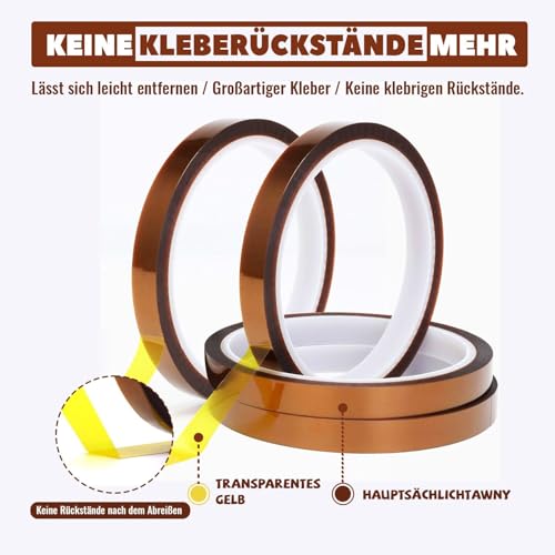 YISUMEI 4 Rollen Wärmeband für Sublimation 12 mm x 33 m Hitzebeständiges Klebeband Braun Hochtemperaturband ohne Rückstände, ideal für die Verwendung bei Elektronik Leiterplatten Thermotransfer