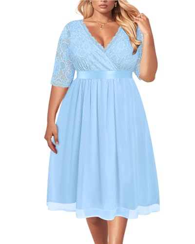 Image of Pinup Fashion Plus Size Lace Chiffon Wrap V Neck Dresses Women Cocktail Wedding Guest Midi Dress