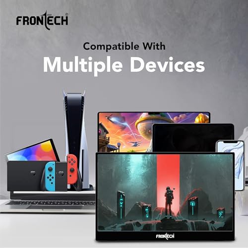 Image of FRONTECH 15.6″ Portable LED Monitor, Full HD IPS Display, 10000mAh Rechargeable Battery, Dual Type-C & Mini HDMI, Built-in Speakers, 180 Stand, Works with Laptop /PS5 /Switch /Phone (MON-0023P)