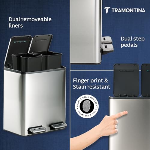 Image of TRAMONTINA 2-in-1 Dual Compartment Dustbin 16L (8L+8L) | Stainless Steel Wet & Dry Trash Can | Soft-Close | Removable Inner Buckets | Anti-Fingerprint | Rectangle Bin