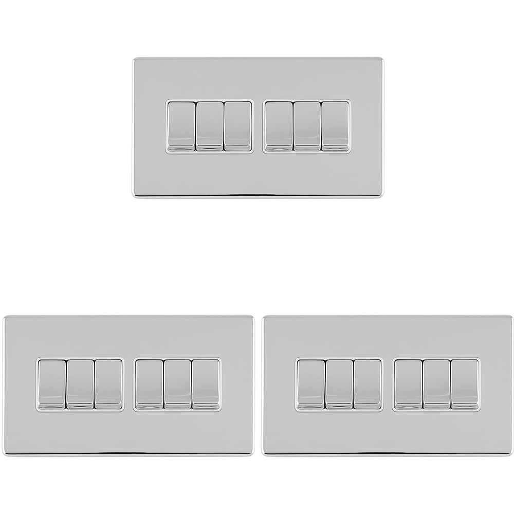 Multi-Lichtschalter, 6-Gang-Multi-Lichtschalter, schraubenlos, poliertes Chrom, 2-Wege, 10 A, Wippschalter, dekorative Küche, Wohnzimmer, Schlafzimmer, 3 Stück