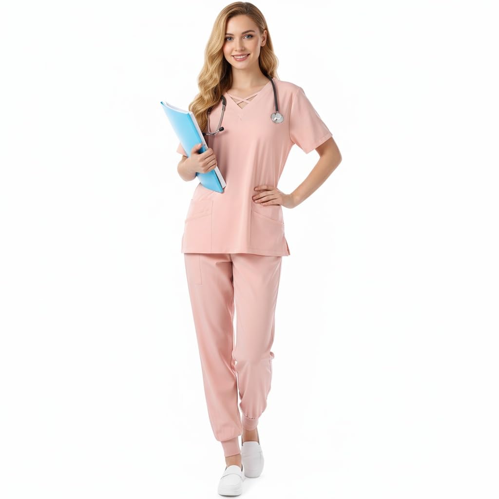 Conjunto de uniformes de enfermera para mujer Cuello redondo elástico Top Secado rápido Drawstring Yoga Jogging Pantalones Slim Fit Médico Ropa de trabajo DK53