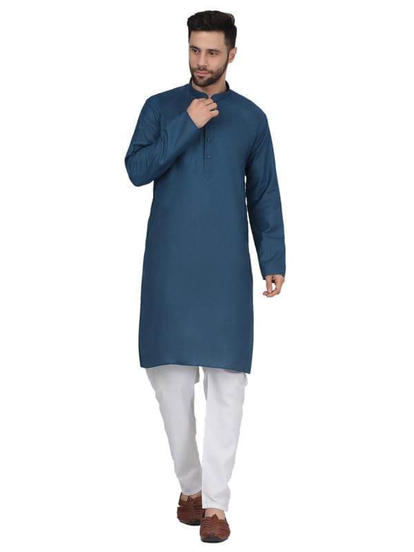 Image of KRAFT INDIA Men's Cotton Solid Kurta With Drawstring Pyjama Set