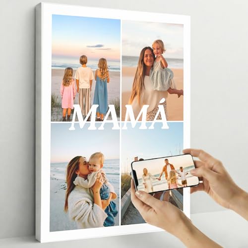 Cristal Plaque   Lienzo Personalizado para Mamá con 4 Fotos y Texto Central MAMÁ | Cuadro Decorativo con Fotos | Regalo Original para Día de la Madre, Cumpleaños y Navidad