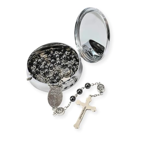 Nazareth Store St Michael Rosary Hematite Stone Beads Necklace Metal Beaded Glory Beads Archangel Medal & Cross with Metal Gift Box3
