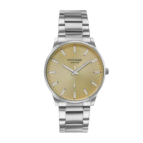 Image of Sonata Poze 8 Quartz Analog with Yellow Dial IPS Stainless Steel Strap Watch for Men - SP70053SM02W