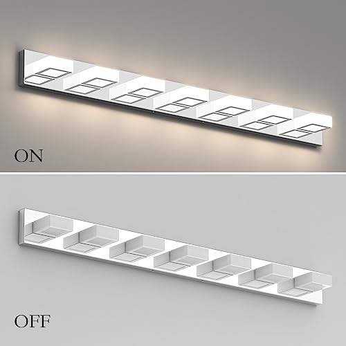 Image of Ralbay 46 inch LED Chrome Vanity Lights 7 Lights Acrylic Stainless Steel LED Modern Vanity Lights Chrome Bathroom Lighting Fixtures Over Long Mirror (Natural White Light 4500K)
