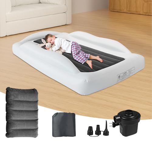 Catálogo de Colchones para camas infantiles comprados en linea. 45 Cama de viaje inflable para niños pequeños, 61 pulgadas con almohada, cama portátil para viajes con lados de seguridad, juego de colchón de aire acogedor para niños con bomba...