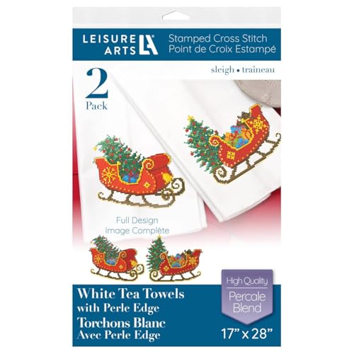 Image of LEISURE ARTS Stamped Tea Towel, Sleigh, 17x28 Inch, Perle Edge, 2 Pack | Pre-printed sleigh design, 17x28 in percale fabric 51% cotton 49% polyester. Perle edge. Stitch chart. Pack of 2.