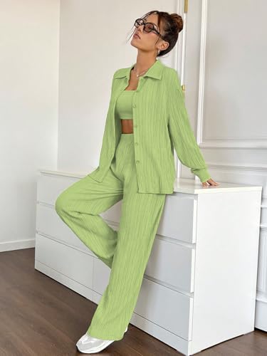 Image of Shasmi Women's 3-Piece Co-ord Set - Solid Button Front Shirt, Strapless Tube Top & Wide Leg Pants | Casual Loose Fit Western Outfit for Daily Spring /Fall Wear (Co-Ord-208)