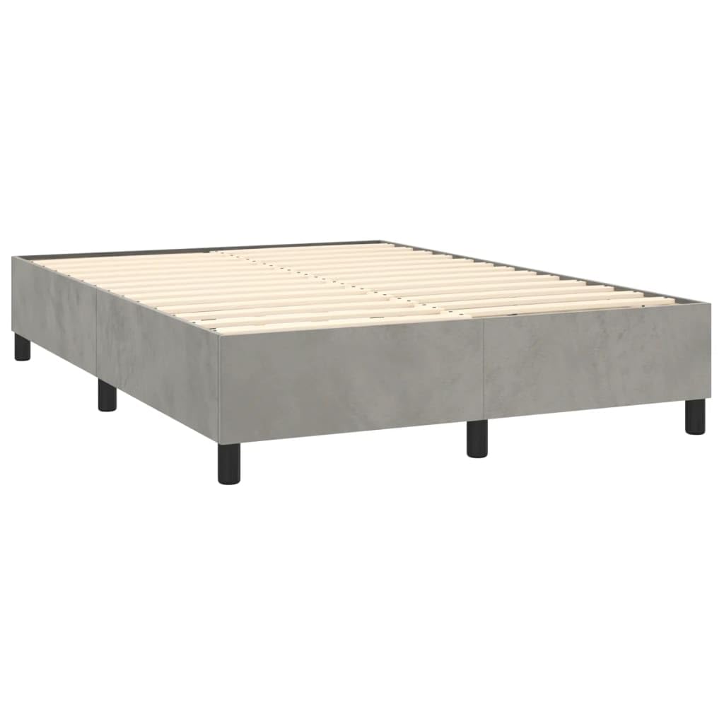 Aksamitny regulowany zagłówek kontynentalny szary 140x190cm | Łóżko kontynentalne z materacem i ławką, jasnoszary aksamit 140x190 cm, sprężyny kieszeniowe, regulowany zagłówek
