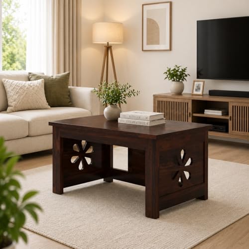 Image of Sheesham Wooden Coffee Table for Home, Office | Solid Wooden Center Table for Living Room, Meeting Room Center Tea Table, Solid Wood Sofa Side End Table in Flower- Walnut Finish