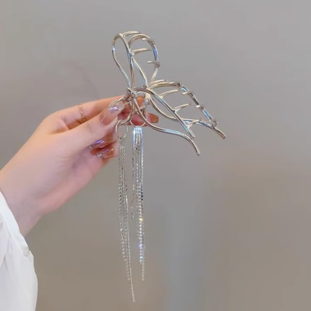 Tassel silver scrunchie clip back of hair card grip large retro shark volume female