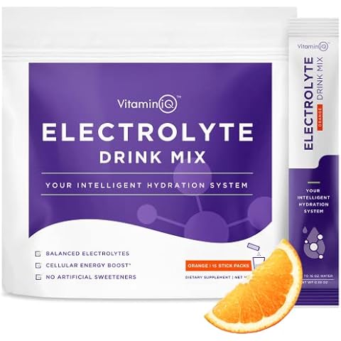 VitaminIQ Electrolytes Powder - 15 Sticks Electrolyte Powder Packets for Energy & Endurance - IV Hydration Multiplier Electrolyte Mix for Mental Clarity & Fluid Balance - IV Hydration Packets, Orange Cover