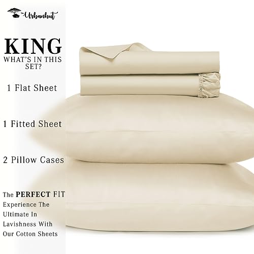URBANHUT 800 Thread Count King Size Egyptian Cotton Sheets Set, 4 Pc Bed Sheet Sets for King Size Bedding, Luxury Hotel Sheets Sateen Finish Fits 16" Deep Pocket - Ivory