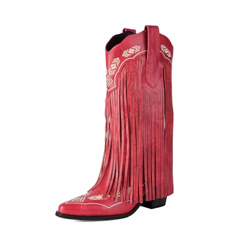 AIJIVOU Botas vaqueras bordadas con flecos para mujer, de meter a media pantorrilla, tacón grueso,...