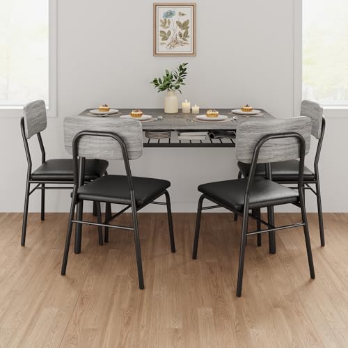 GarveeHome Dining Table Set for 4 with Storage Rack, 5-Piece Kitchen Table and Upholstered Chairs of 4, Wood Tabletop & Heavy-Duty Metel Frame, Dining Room Set for Small Space, Apartment, Gray