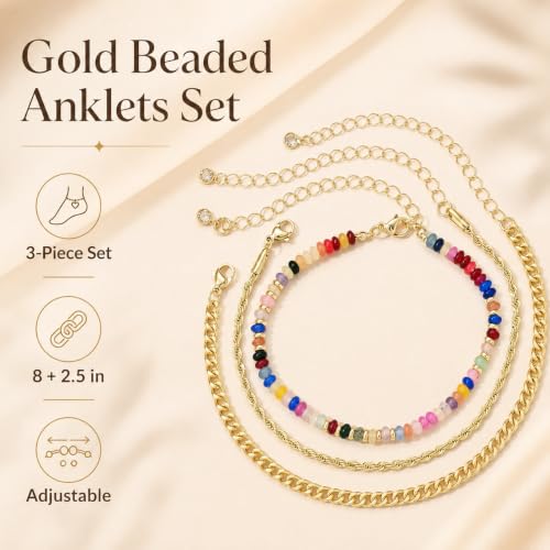 Image of iF YOU Gold Ankle Bracelets for Women, 14k Gold Plated Waterproof Cuban Link Chain Anklets Set, Layered Anklet Bracelets for Women Beach Gift Adjustable Size 5pcs