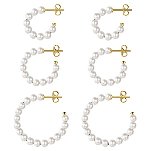 MUYAN 3 Pairs Pearl Hoop Earrings for Women,Gold Plated Pearl Earrings Lightweight Hoops White Pearl Jewelry