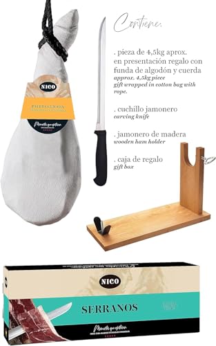 PACK GEREIFTER VORDERSCHINKEN, ganzes Stück + Schinken + Messer. 4,5 kg, 12 Monate gereift. Ideal als Geschenk.