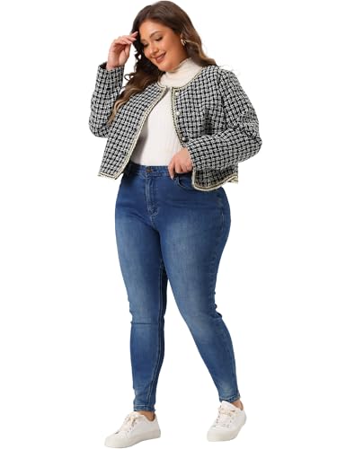 Agnes Orinda Plus Size Plaid Tweed Blazer for Women Collarless Long Sleeve Open Front Work Short Jacket3