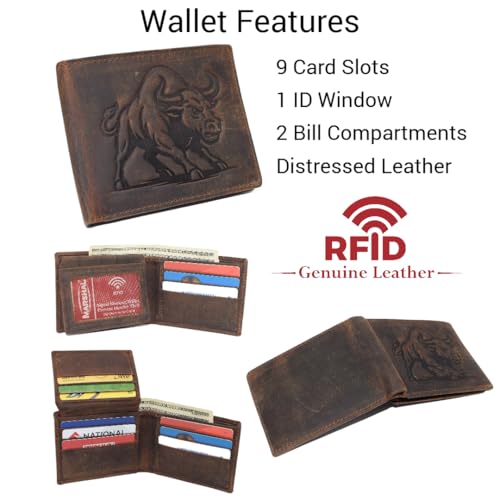 MARSHAL Men’s Cowboy Western Wallet RFID Blocking Vinatge Leather Bifold with Charging Bull Design (Brown)2